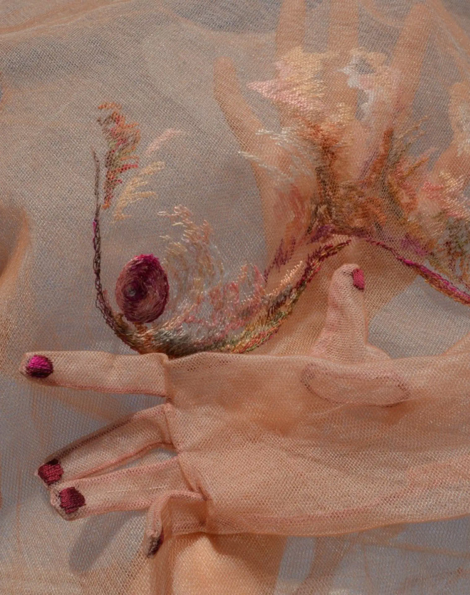The Skin I Wear is a long-sleeved pink tulle shirt with representations of hands and fingers. On the front, the naked breast of a woman is embroidered on multiple layers of tulle, giving a sense of three-dimensionality.