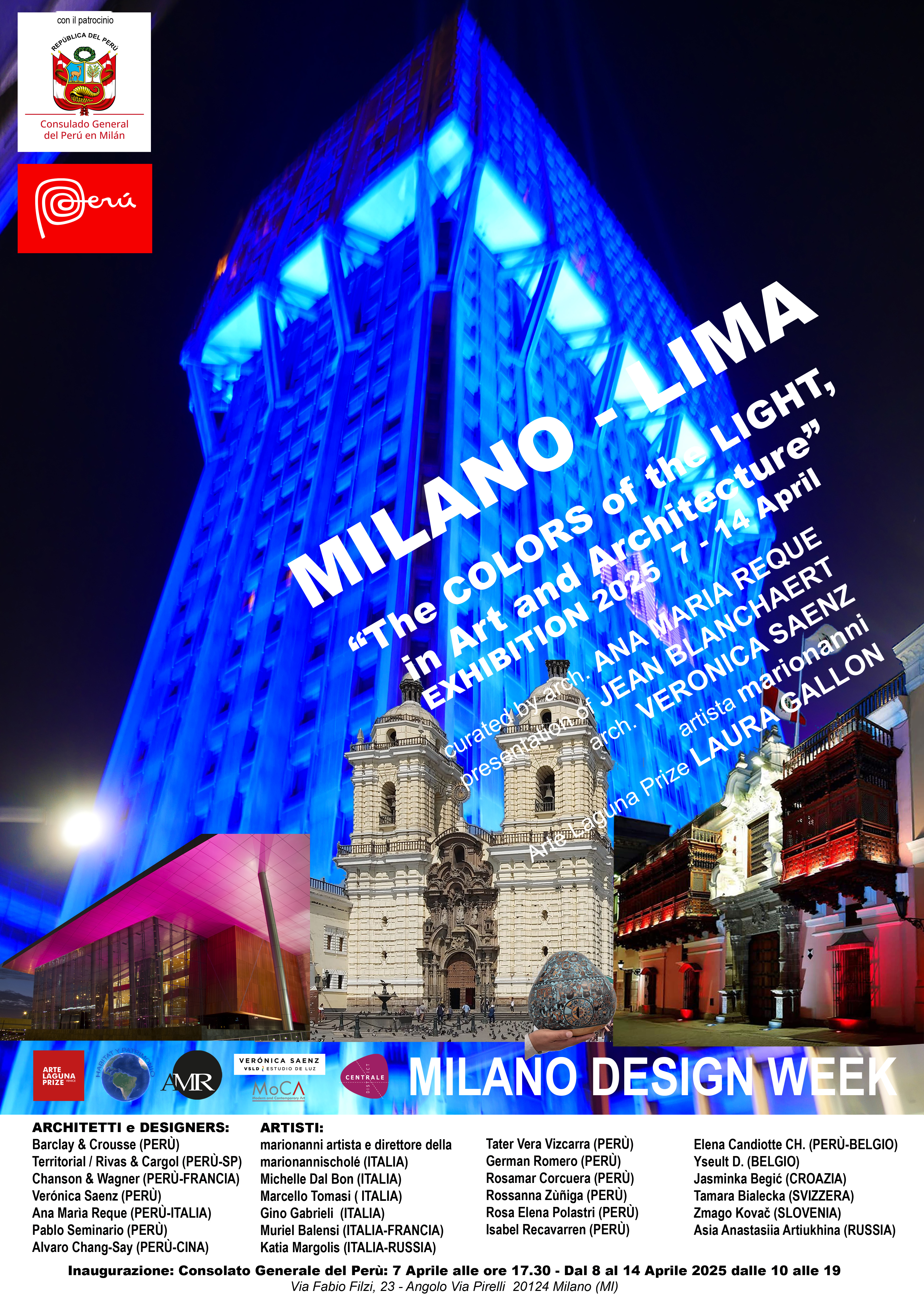 Poster of the exhibition MILANO-LIMA II: The Colors of Light in Art and Architecture, Consulate of Peru at the Consulate of Peru. The image contains the Velasca Tower and some buildings of Lima, Peru.